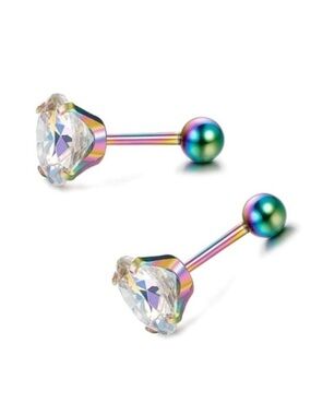 Rainbow Oil Slick Iridescent CZ Cartilage Stud Earrings 20G 5mm